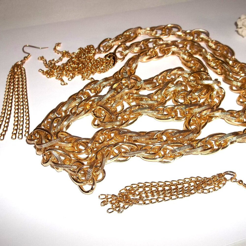 Gold Earrings and Necklace Scarf Costume Fashion Jewelry Tassel Set Lot C720 - Picture 3 of 5